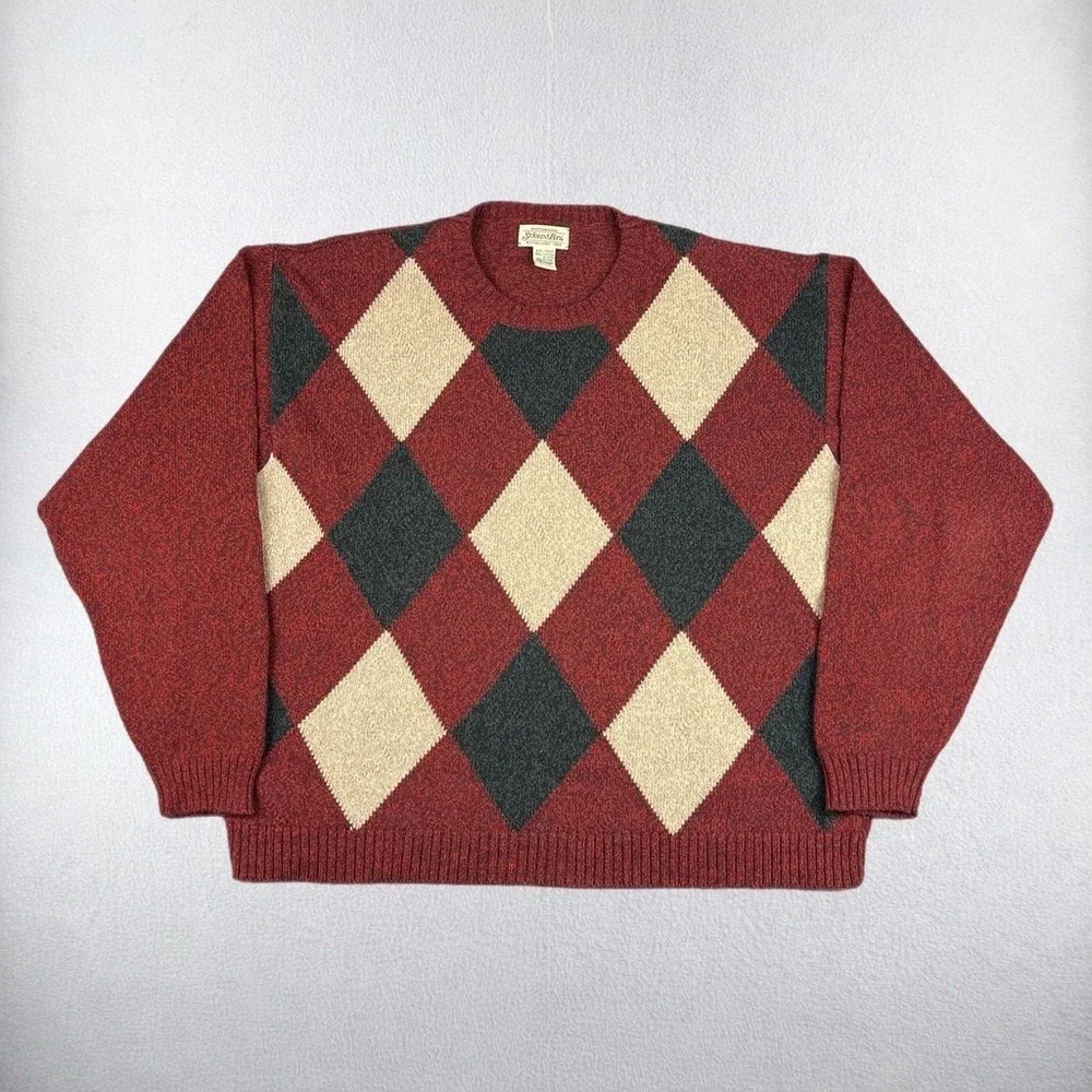 St Johns Bay Sweater Mens 2XL Red Argyle Cotton Crewneck Long Sleeve Knit